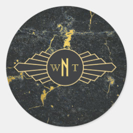 黒金ゴールド大理石3文字モノグラムアールデコ ラウンドシール