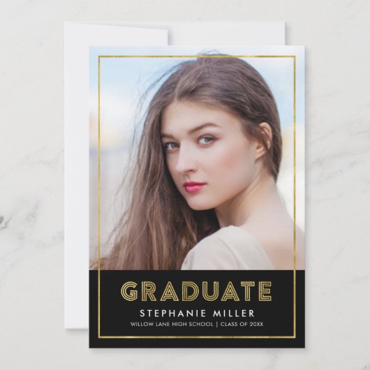 黒金ゴールド幾何学写真の卒業発表 案内状 (正面)