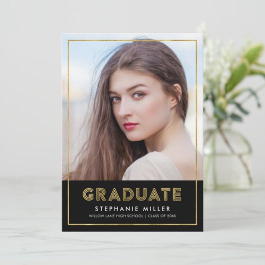 黒金ゴールド幾何学写真の卒業発表 案内状 (スタンド正面)