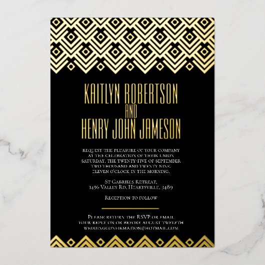黒金ゴールド幾何学的ダイヤ結婚モンド 箔招待状 (正面)