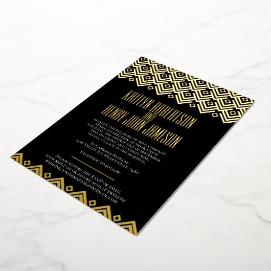 黒金ゴールド幾何学的ダイヤ結婚モンド 箔招待状 (回転した状態)