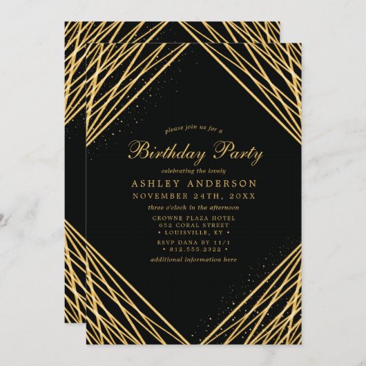 黒金ゴールド幾何学的抽象芸術ライン誕生日パーティ 招待状 (正面/裏面)