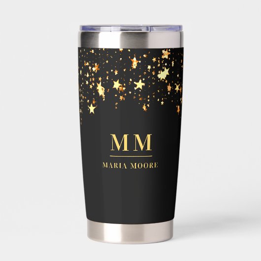 黒金ゴールド星カスタムモノグラムイニシャル名 保温保冷タンブラー (正面)