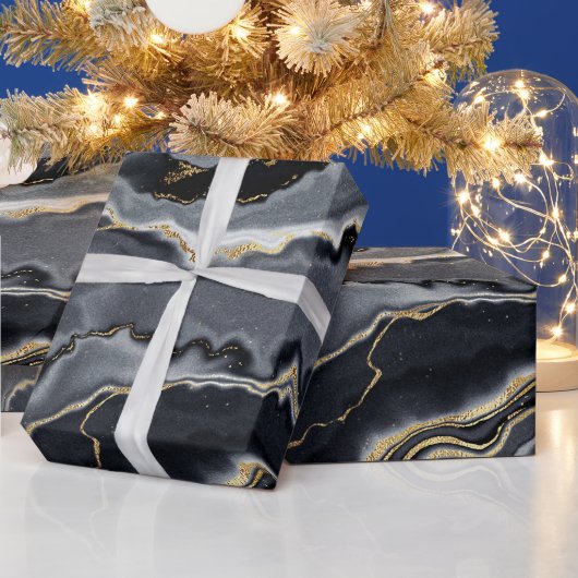 黒金ゴールド炭水玉大理石ルックグラムパーティー ラッピングペーパー (クリスマス)