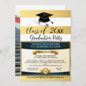 黒金ゴールド白卒業証書パーティー写真 招待状 (正面/裏面)
