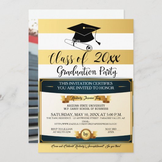 黒金ゴールド白卒業証書パーティー写真 招待状 (正面/裏面)