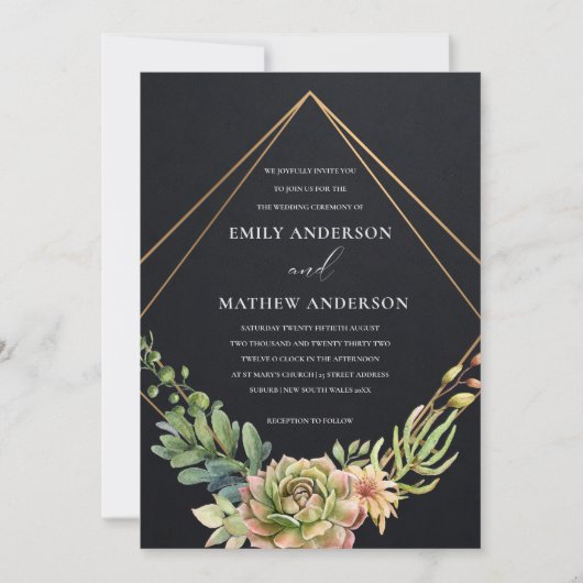 黒金ゴールド砂漠多肉質のサボテン結婚葉 招待状 (正面)