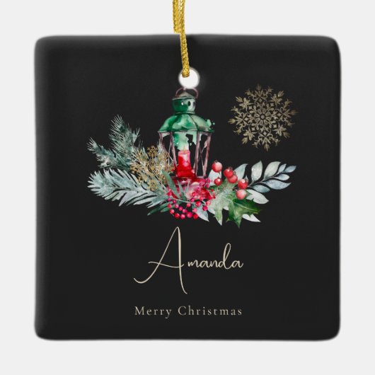 黒金ゴールド紅葉ランタンモダンメリークリスマス セラミックオーナメント (正面)