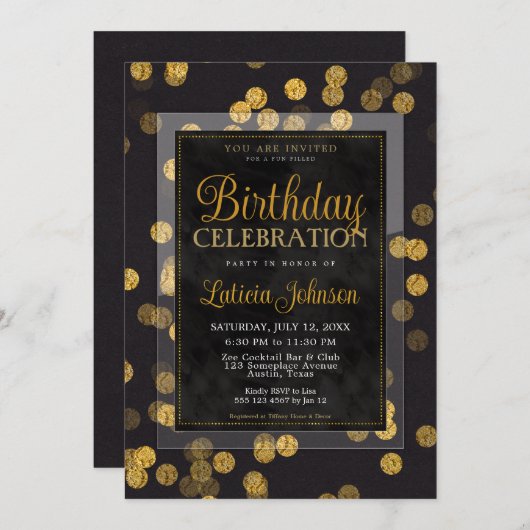 黒金ゴールド紙吹雪誕生祝いパーティー セーブザデート (正面/裏面)