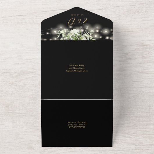 黒金ゴールド緑の文字列ライトQRコー結婚ド オールインワン招待状 (外側)