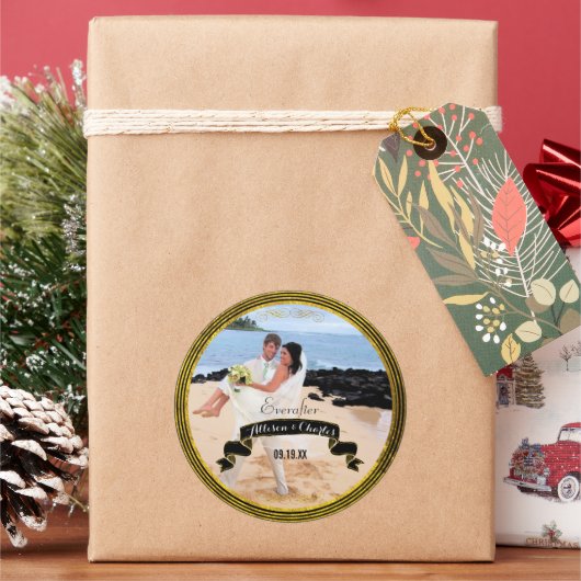 黒金ゴールド薄ストライプい複数結婚の写真 ラウンドシール (クリスマス)