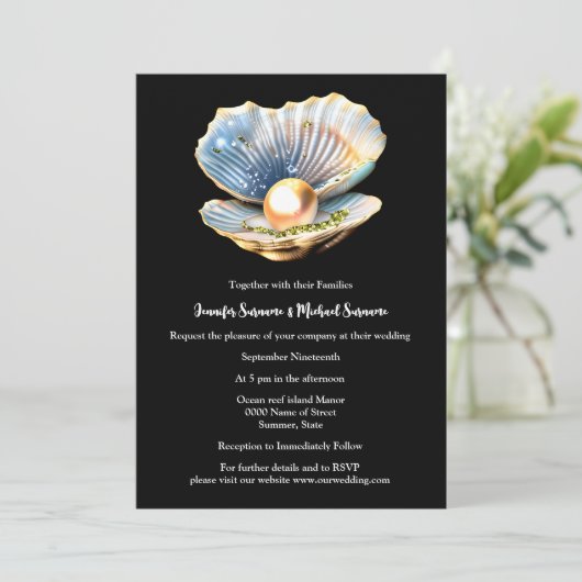 黒金ゴールド貝殻真珠エレガントビーチ海 招待状 (スタンド正面)