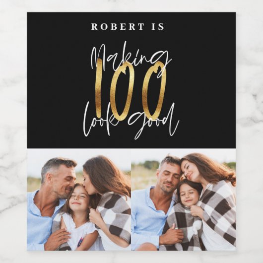 黒金ゴールド100歳の誕生日数々の写真パーティー ワインラベル (シングルラベル)