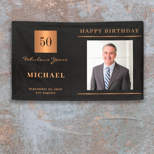 黒金ゴールド50歳の誕生日カスタム写真パーティー 横断幕