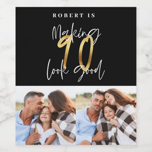 黒金ゴールド90歳の誕生日数々の写真パーティー ワインラベル (シングルラベル)