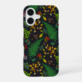 黒鉛の黒に描かれた森のベリー、葉、虫 iPhone 16ケース (裏面)