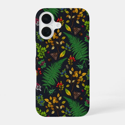 黒鉛の黒に描かれた森のベリー、葉、虫 iPhone 16ケース (裏面)