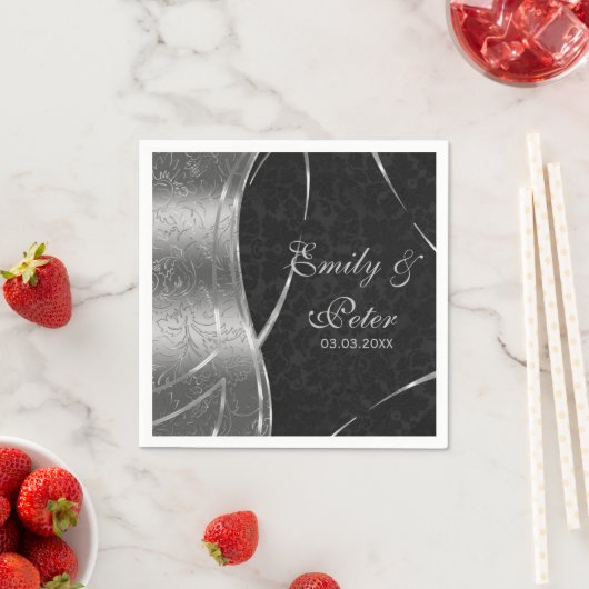 黒銀のダマスクで日付を保存 スタンダードカクテルナプキン (インサイチュ)