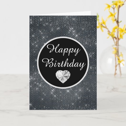黒銀エレガントスパークル模様誕生日 カード (黄色い花)