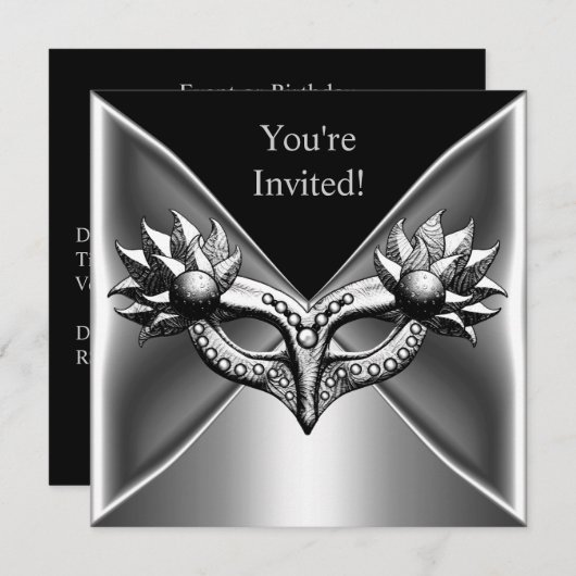 黒銀エレガントメタルマスクイベントパーティー2 招待状 (正面/裏面)