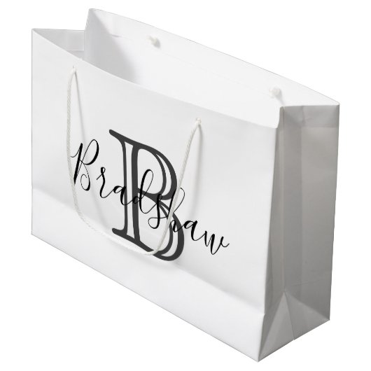 黒銀エレガントモノグラム名前をカスタムする誕生日 ラージペーパーバッグ (正面アングル)