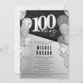 黒銀エレガント風船100th誕生日パーティー 招待状 (正面)