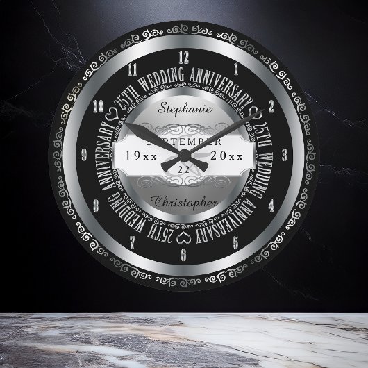 黒銀エレガント25結婚周年 ラージ壁時計