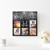 黒銀グリッターダストフォトカスタムコラージュ スクエア壁時計 (ホーム)