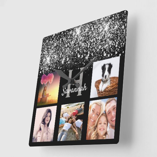 黒銀グリッターダストフォトカスタムコラージュ スクエア壁時計 (傾斜)