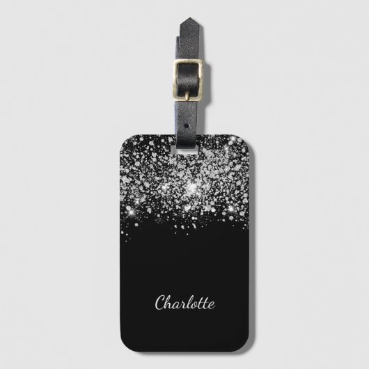 黒銀グリッターダストモノグラム名文字 ラゲッジタグ (正面縦)