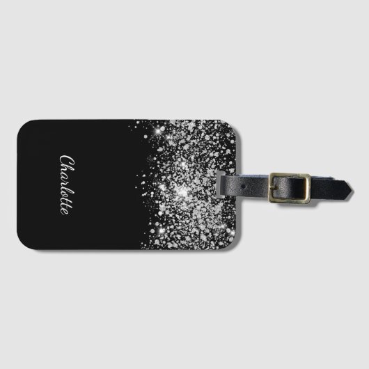 黒銀グリッターダストモノグラム名文字 ラゲッジタグ (正面横)