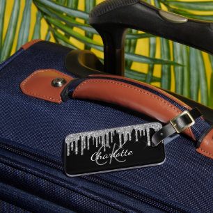 黒銀グリッタードリップモノグラム名 ラゲッジタグ