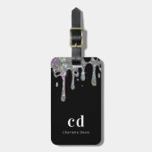 黒銀グリッタードリップモノグラム名 ラゲッジタグ (正面縦)