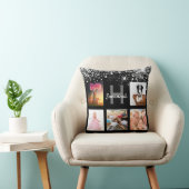 黒銀グリッターフォトコラージモノグラム名 クッション (椅子)