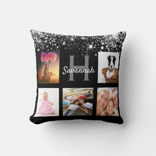 黒銀グリッターフォトコラージモノグラム名 クッション (正面)