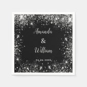 黒銀グリッターモノグラ結婚ム スタンダードカクテルナプキン (正面)