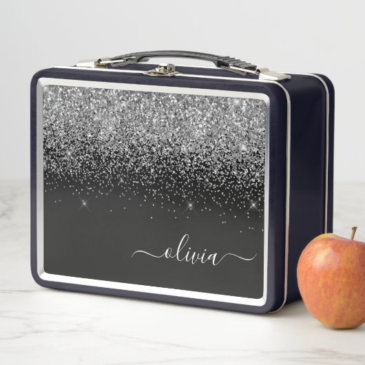 黒銀グリッター金ガーリー属モノグラム名 メタルランチボックス (インサイチュ)