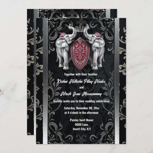 黒銀ヒンズー教インディアンゾウ冠 招待状 (正面/裏面)