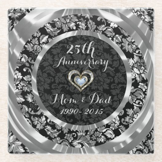 黒銀フローラダマスク。25周年記念 ガラスコースター (正面)
