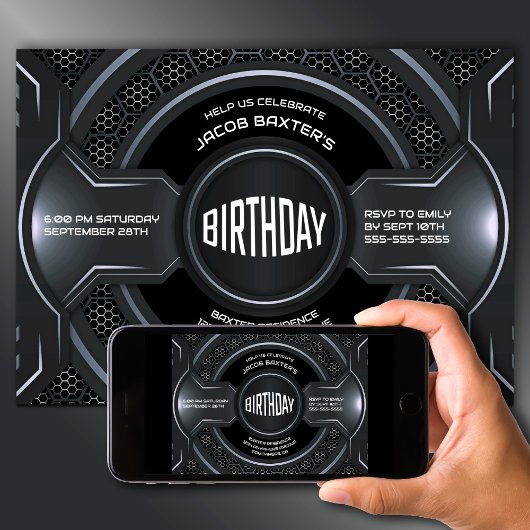 黒銀モダン任意の年齢の誕生日パーティー 招待状