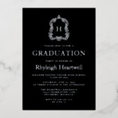 黒銀モノグラムクレスト卒業パーティー 箔招待状 (正面)