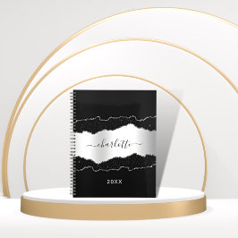 黒銀瑪瑙の大理石グリッター名スクリプト2025 プランナー手帳