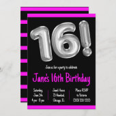 黒銀箔バルーン16thバースデーパーティー 招待状 (正面/裏面)