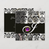 黒銀色のシルクダマスク　紫色のアメジストのモノグラム 招待状 (正面/裏面)