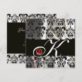 黒銀色シルクダマスク織物 モノグラム ピンク ルビー 招待状 (正面/裏面)