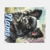 黒長髪チワワ水彩画 フリースブランケット (正面(横))