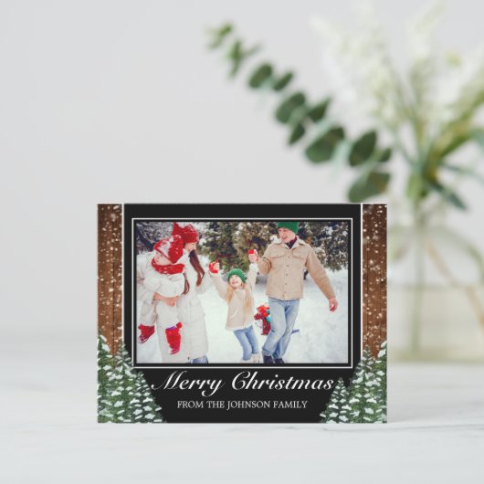 黒雪の木と森の写真クリスマスグリーティング 案内ポストカード (スタンド正面)