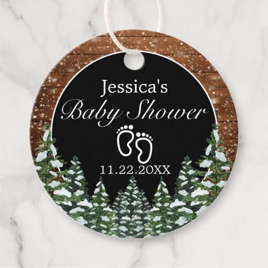 黒雪の木と森の松の赤ちゃんシャワー フェイバータグ (正面)