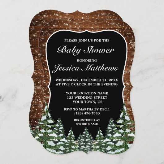 黒雪の木と森の松の赤ちゃんシャワー 招待状 (正面/裏面)