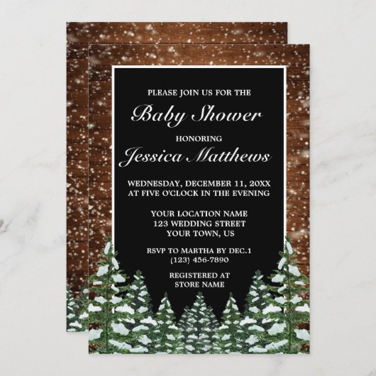 黒雪の木と森の松の赤ちゃんシャワー 招待状 (正面/裏面)